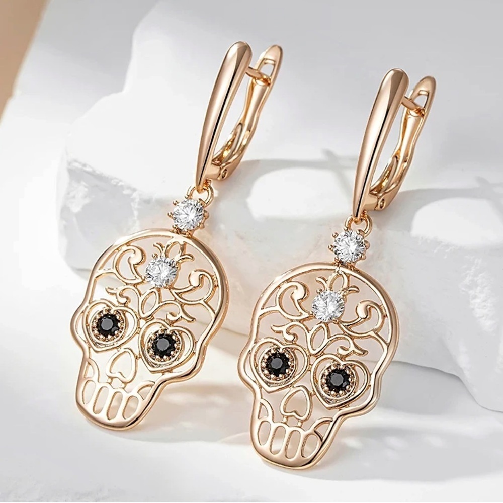Rose Gold Sugar Skull Natural AAA Zircon Earrings - Picture 3 of 5